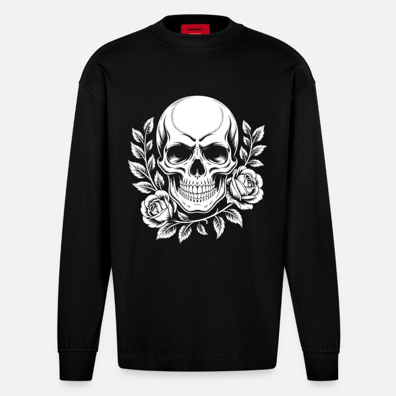 Schädel mit Blumenkranz - Heavyweight Oversized Organic Langarmshirt Made in EU - SOLID BLACK