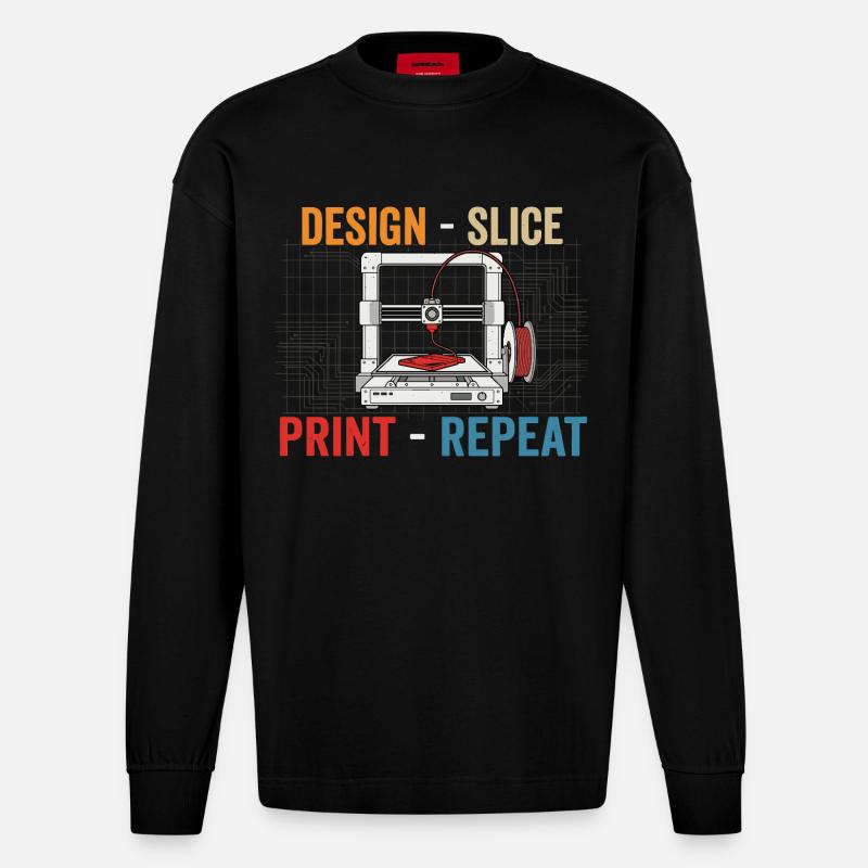3D-Druck Evolution – Design Slice Print Repeat - Heavyweight Oversized Organic Langarmshirt Made in EU - SOLID BLACK