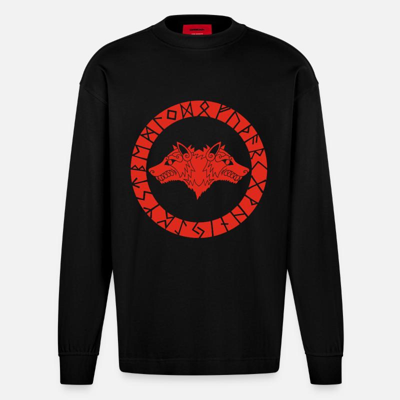 Roter Wikingerwolf mit zwei Köpfen - Heavyweight Oversized Organic Langarmshirt Made in EU - SOLID BLACK