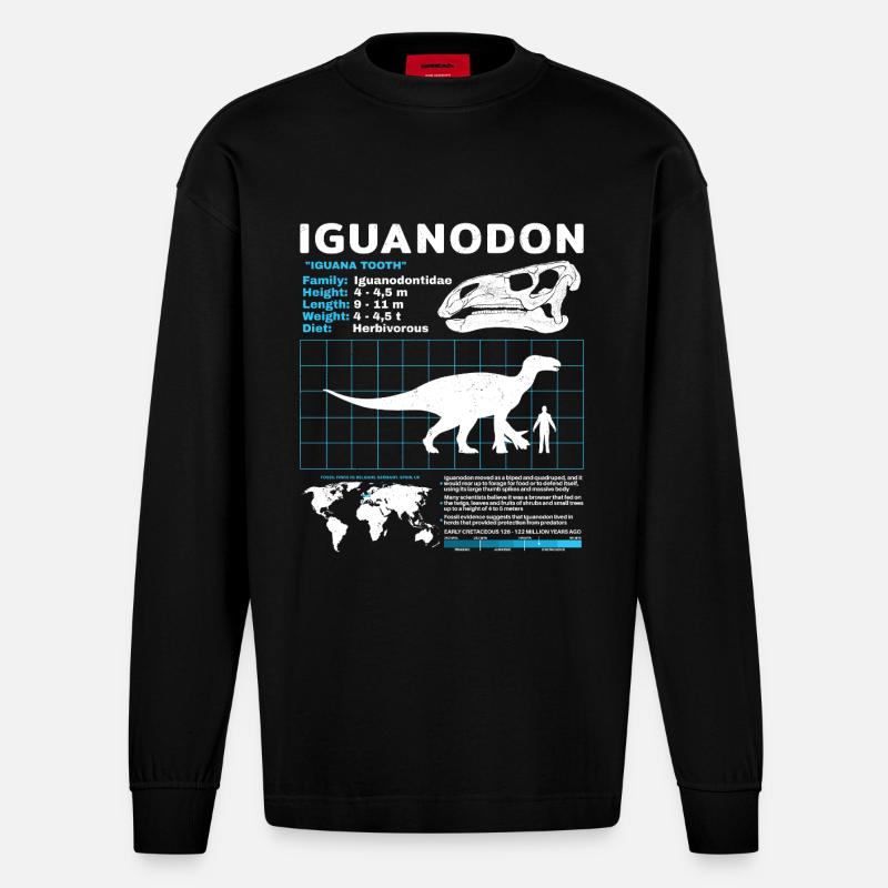 Iguanodon Fact Sheet - Heavyweight Oversized Organic Langarmshirt Made in EU - SOLID BLACK