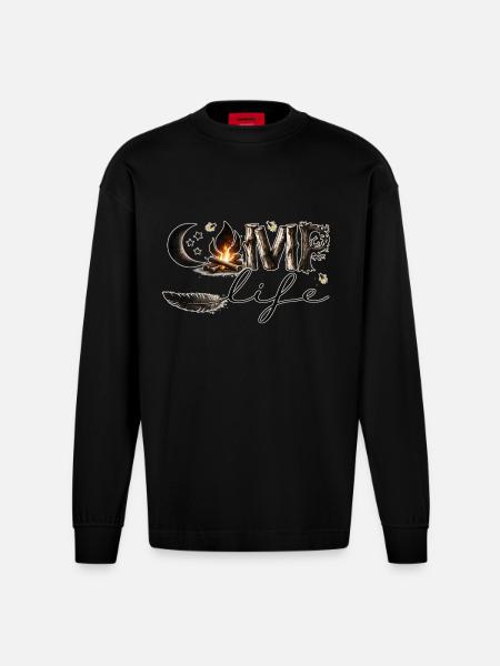 Camp Life – Campfire, Nature & Freedom - Heavyweight Oversized Organic Longsleeve Shirt Made in EU - SOLID BLACK