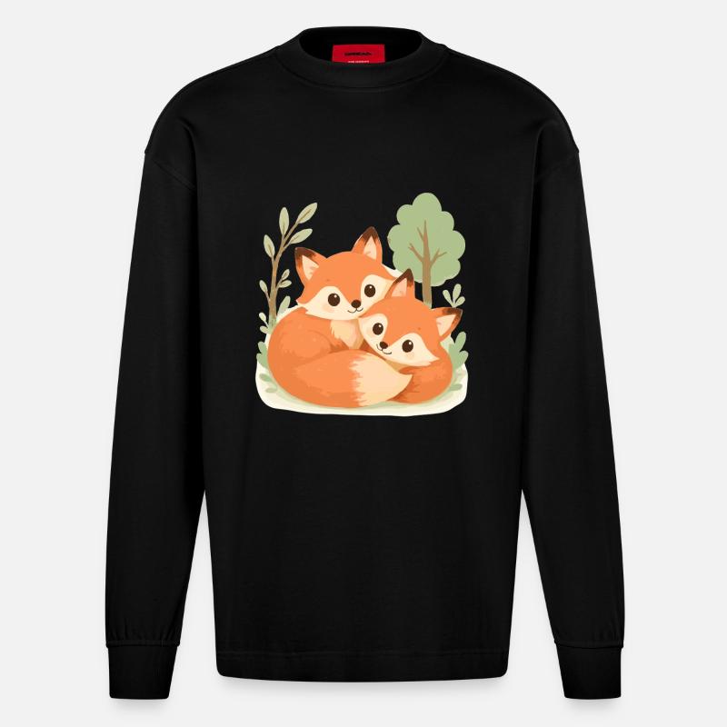 Süßes Fuchs Pärchen im Wald - Heavyweight Oversized Organic Langarmshirt Made in EU - SOLID BLACK