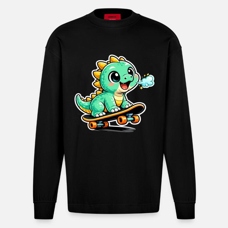 Héros du skateboard Dino vert - Manches longues bio épais oversize fabriqué en UE - SOLID BLACK