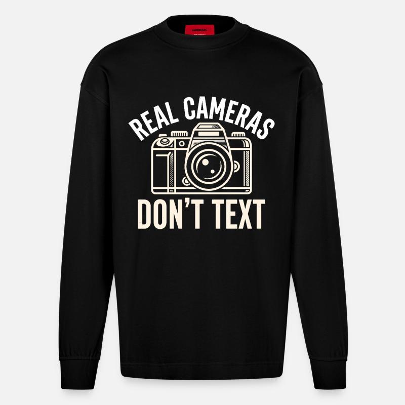 Real Cameras Don't Text Statement - Heavyweight Oversized Organic Longsleeve Shirt Made in EU - SOLID BLACK