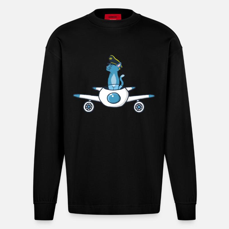 Flugzeugpilot Katze - Heavyweight Oversized Organic Langarmshirt Made in EU - SOLID BLACK