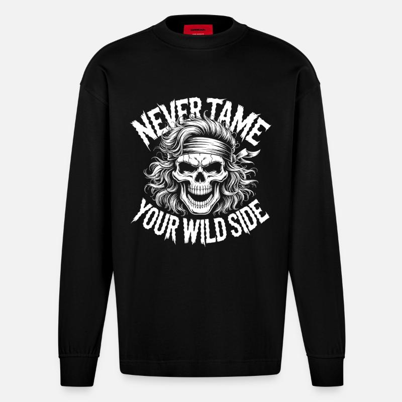 Wilde Seite Schädel-Design - Heavyweight Oversized Organic Langarmshirt Made in EU - SOLID BLACK