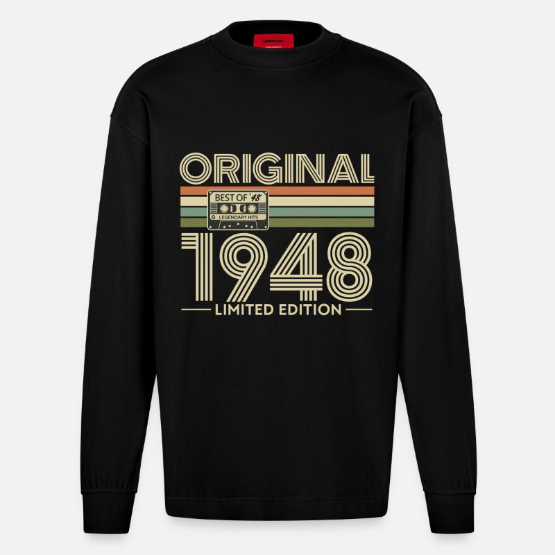 Original 1948 Retro Cassette Tee - Manches longues bio épais oversize fabriqué en UE - SOLID BLACK