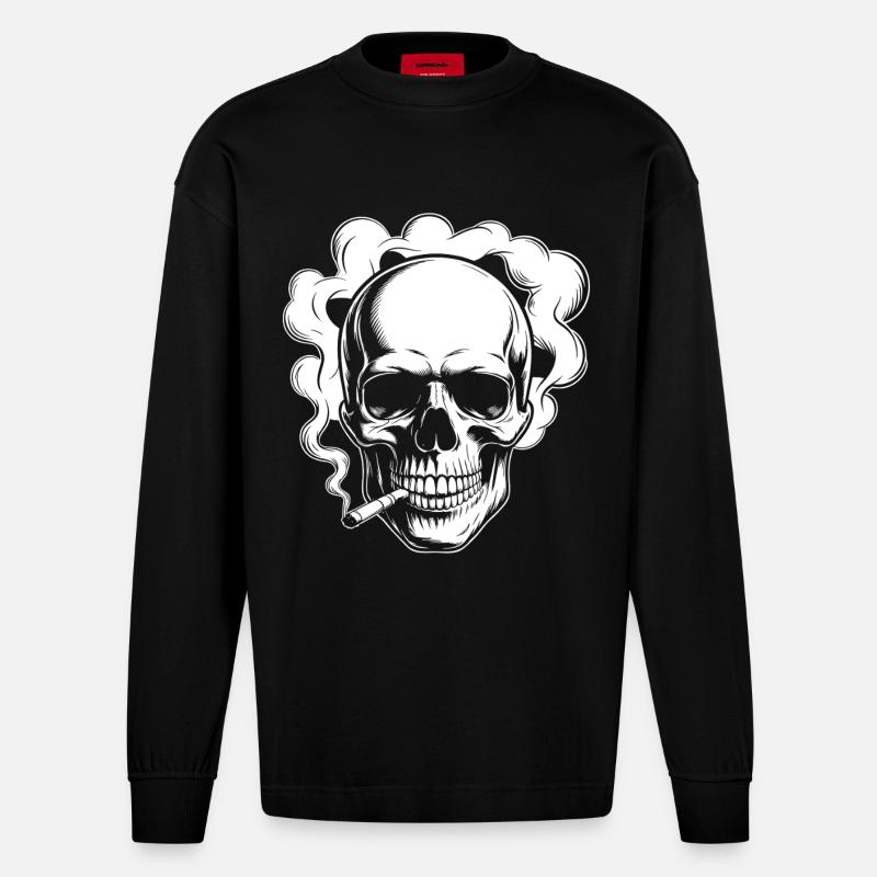 Conception du crâne fumant - Manches longues bio épais oversize fabriqué en UE - SOLID BLACK