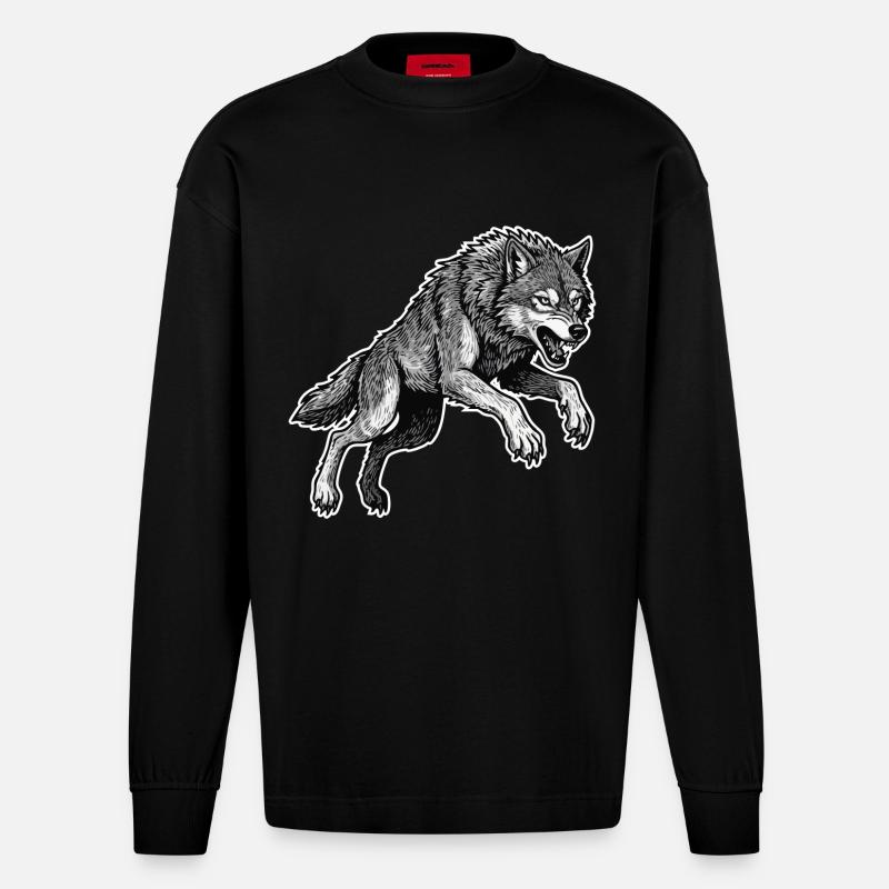 Wild Wolf Race Maskottchen Alpha Wolf - Heavyweight Oversized Organic Langarmshirt Made in EU - SOLID BLACK