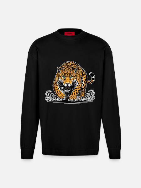 Jaguar-Leopard greift Wassermaskottchen Räuber an - Heavyweight Oversized Organic Langarmshirt Made in EU - SOLID BLACK