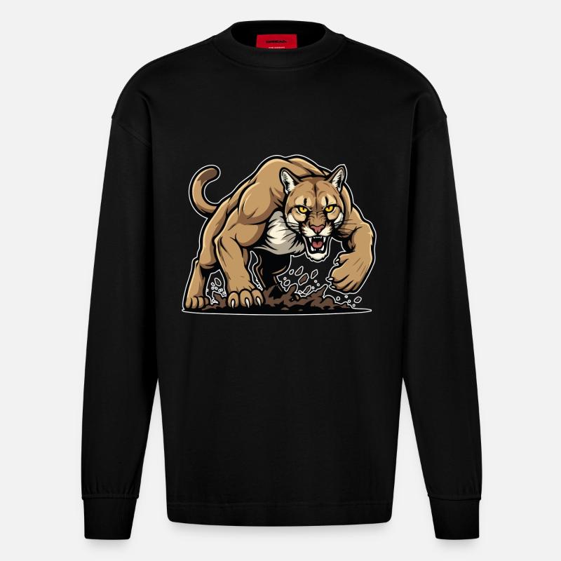 Cougar Berglöwe Wildmaskottchen - Heavyweight Oversized Organic Langarmshirt Made in EU - SOLID BLACK