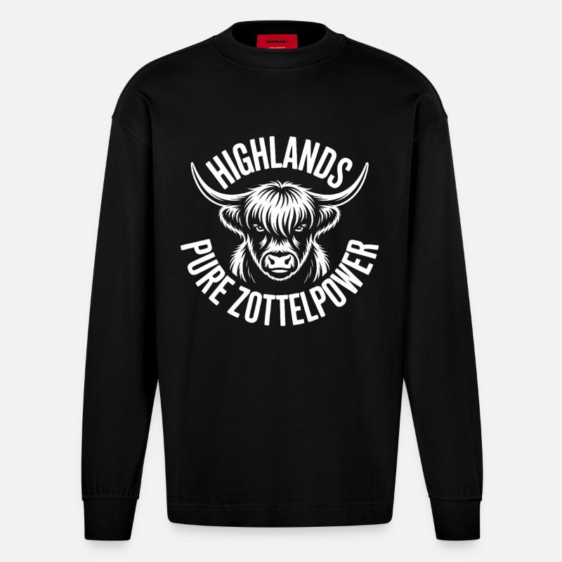 Highland Kuh Emblem - Heavyweight Oversized Organic Langarmshirt Made in EU - SOLID BLACK