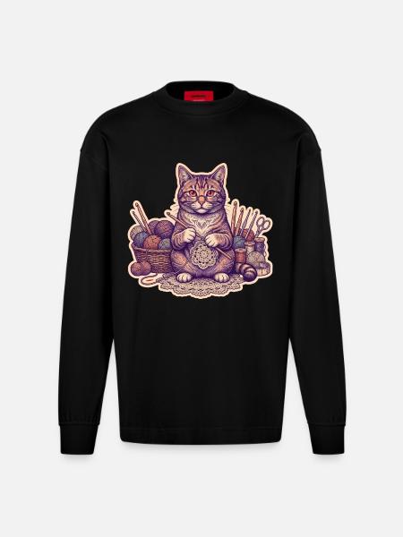 Häkel Katze Kätzchen Strickt - Heavyweight Oversized Organic Langarmshirt Made in EU - SOLID BLACK