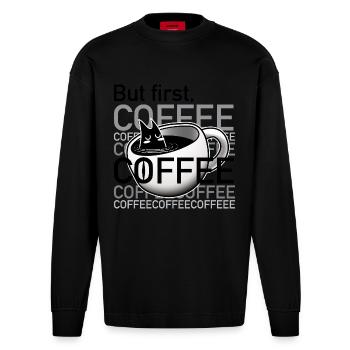 Sleepy_Coffee_cat_in_cup - Manches longues bio épais oversize fabriqué en UE - SOLID BLACK - Devant