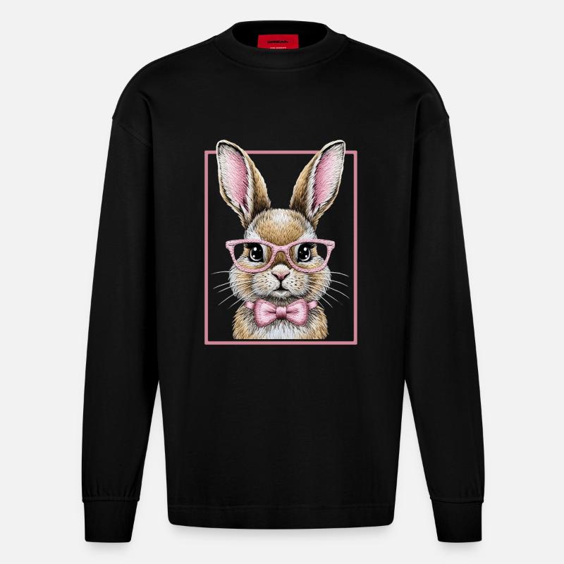 Cute Bunny mit Brille – Lustiges Hasendesign  - Heavyweight Oversized Organic Langarmshirt Made in EU - SOLID BLACK