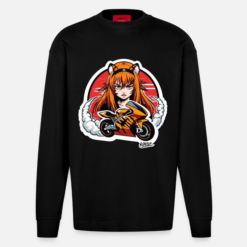 Cavalier de tigre À moto - Manches longues bio épais oversize fabriqué en UE - SOLID BLACK