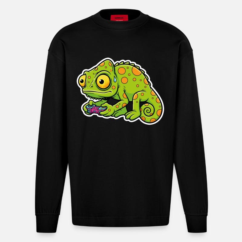 Chameleon Gamer Controller Videospiel-Maskottchen - Heavyweight Oversized Organic Langarmshirt Made in EU - SOLID BLACK