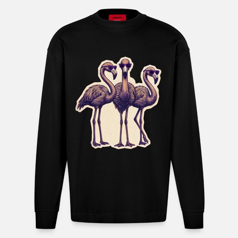 Flamingos Mit Sonnenbrille - Heavyweight Oversized Organic Langarmshirt Made in EU - SOLID BLACK