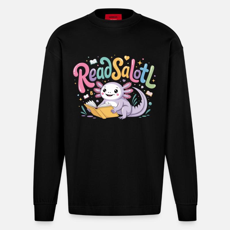 Axolotl Reader T-Shirt ReadSalotl Book - Manches longues bio épais oversize fabriqué en UE - SOLID BLACK