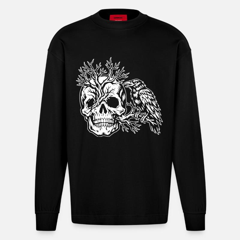 Schädel, Baum und Rabe - Heavyweight Oversized Organic Langarmshirt Made in EU - SOLID BLACK