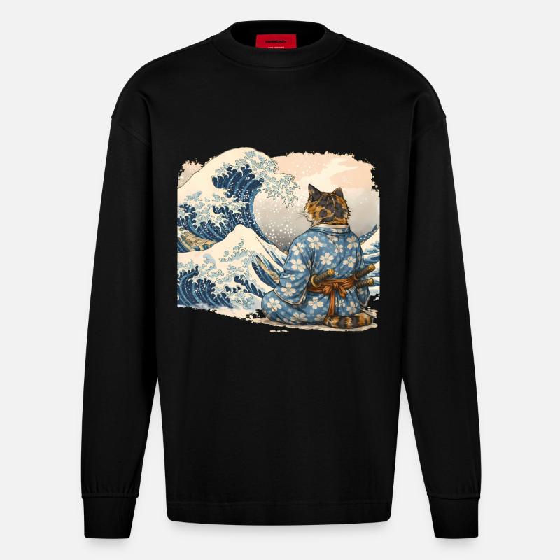 Samurai Cat Wave japanischer Ukiyo-e-Stil - Heavyweight Oversized Organic Langarmshirt Made in EU - SOLID BLACK