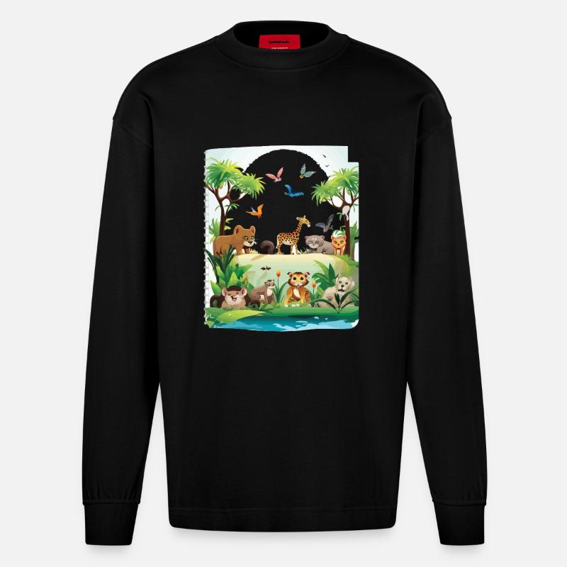 Parade de la faune sauvage - Manches longues bio épais oversize fabriqué en UE - SOLID BLACK