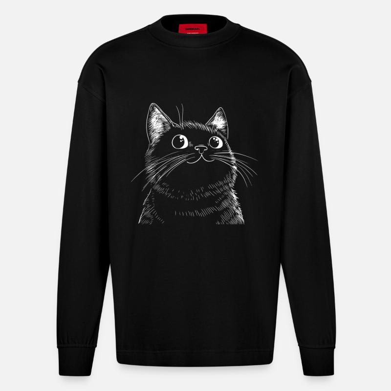 Sketch drôle de chat - Manches longues bio épais oversize fabriqué en UE - SOLID BLACK