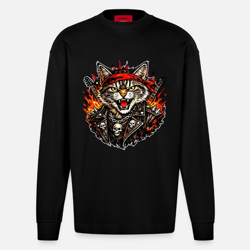Rocker Katze - Heavyweight Oversized Organic Langarmshirt Made in EU - SOLID BLACK