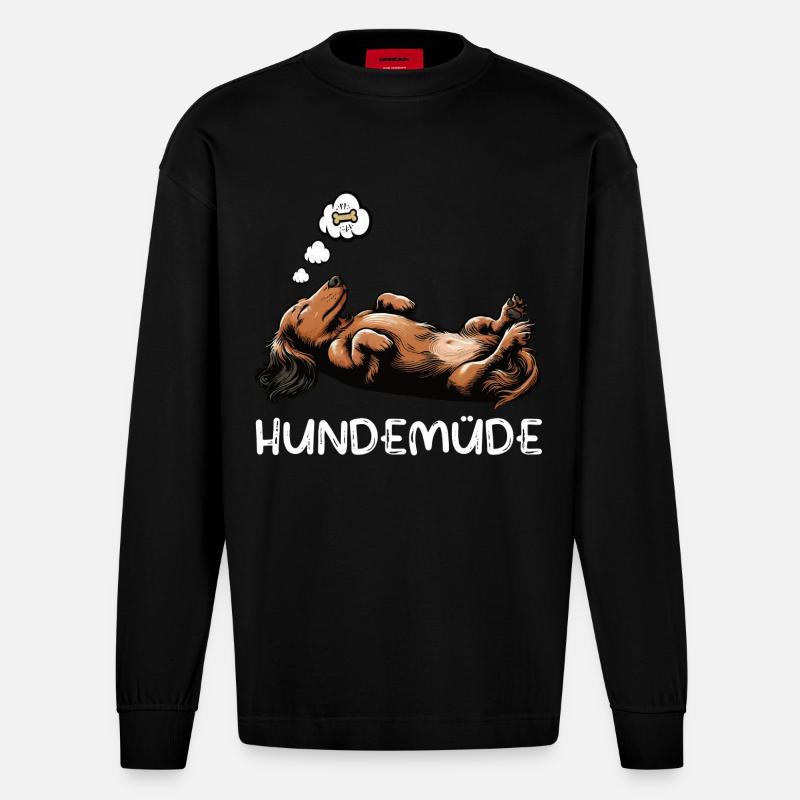 Hundemüde Langhaardackel Dackel Dackelhalter - Heavyweight Oversized Organic Langarmshirt Made in EU - SOLID BLACK