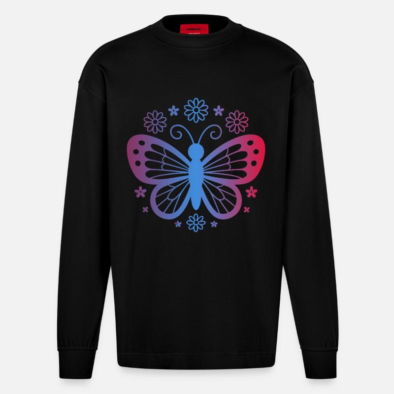 Gradient butterfly with flowers - Heavyweight Oversized Organic Longsleeve Shirt Made in EU - SOLID BLACK
