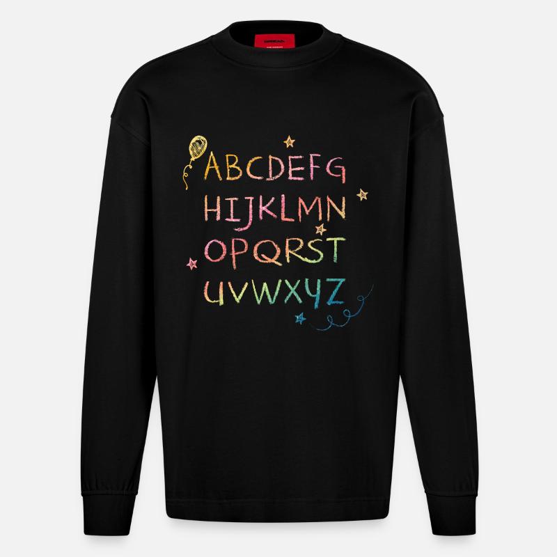 Regenbogen Kreide-Alphabet mit Sternchen - Heavyweight Oversized Organic Langarmshirt Made in EU - SOLID BLACK