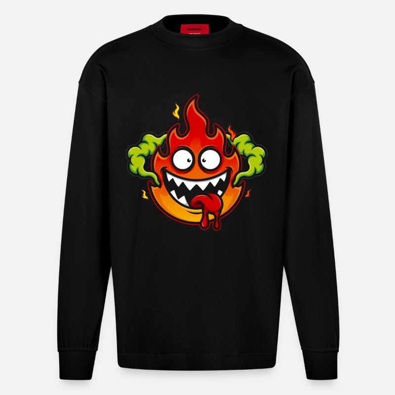 Crazy Fire Monster - Heavyweight Oversized Organic Langarmshirt Made in EU - SOLID BLACK