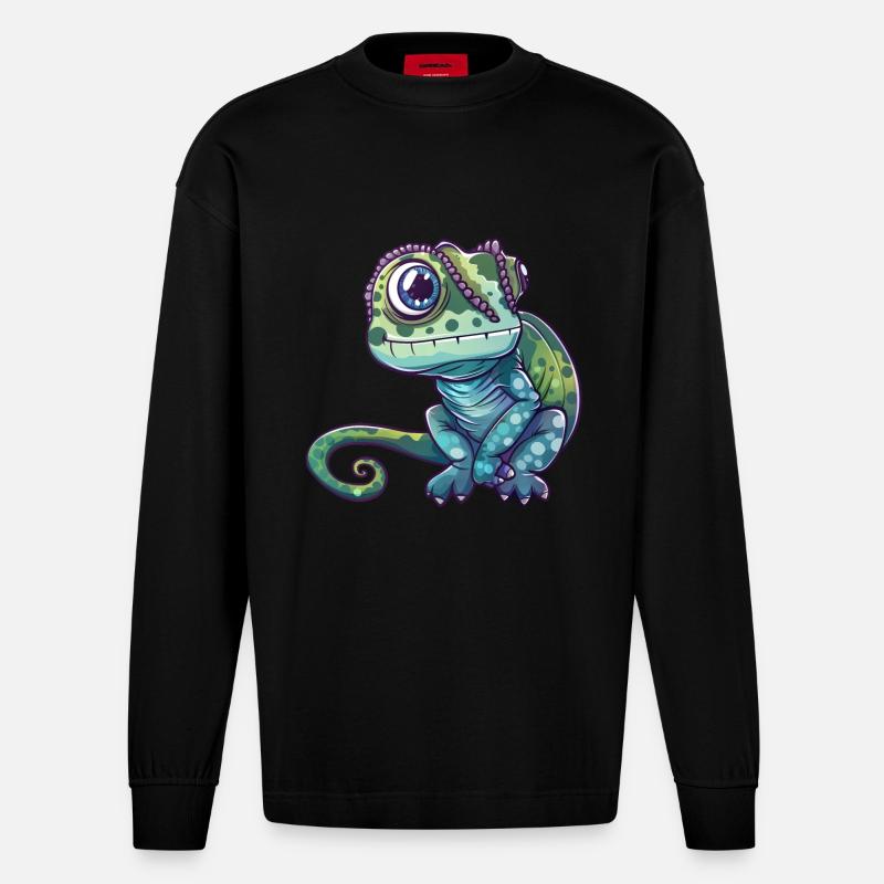 Amis caméléon aux grands yeux - Manches longues bio épais oversize fabriqué en UE - SOLID BLACK
