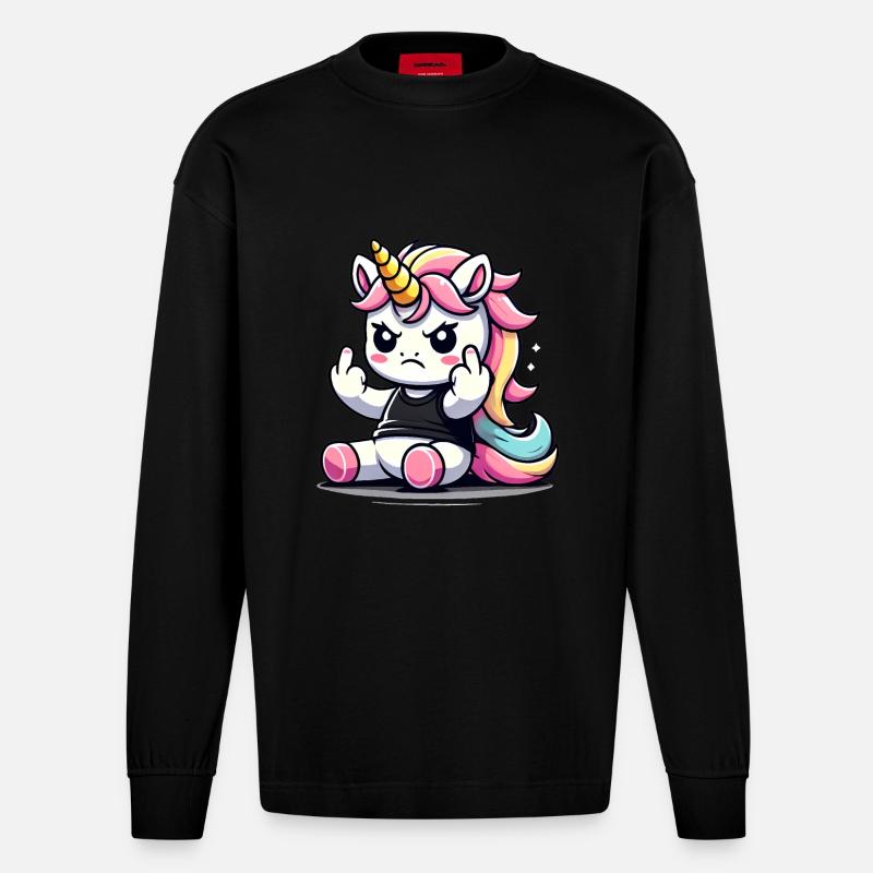 Rebellisches Einhorn flippt ab - Heavyweight Oversized Organic Langarmshirt Made in EU - SOLID BLACK