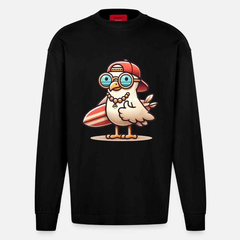 Coole Strandmöwe mit Surfbrett - Heavyweight Oversized Organic Langarmshirt Made in EU - SOLID BLACK
