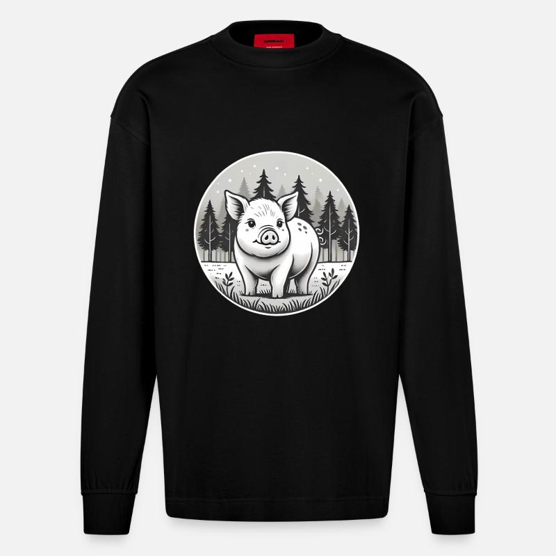 Rustikale Schwein-Illustration im Wald - Heavyweight Oversized Organic Langarmshirt Made in EU - SOLID BLACK