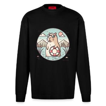 Chill Capybara Beach Vibes Design - Heavyweight Oversized Organic Longsleeve Shirt Made in EU - SOLID BLACK - Front