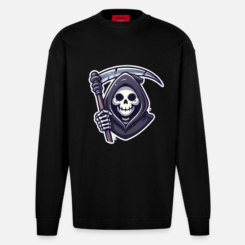 Sensenmann Lächelnde Sense Illustration - Heavyweight Oversized Organic Langarmshirt Made in EU - SOLID BLACK