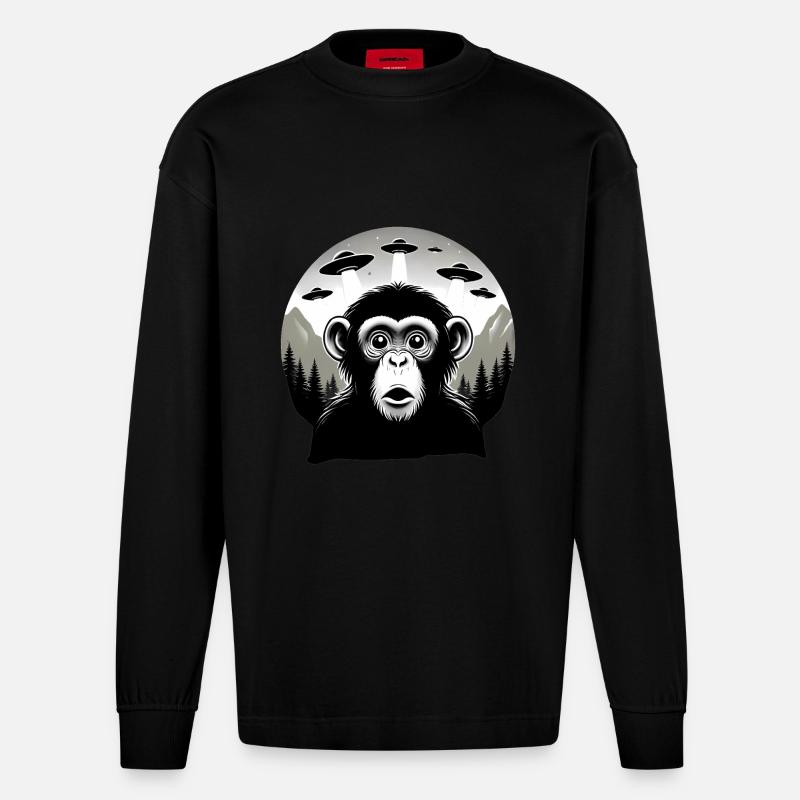 Monkey with UFO - Heavyweight Oversized Organic Langarmshirt Made in EU - SOLID BLACK