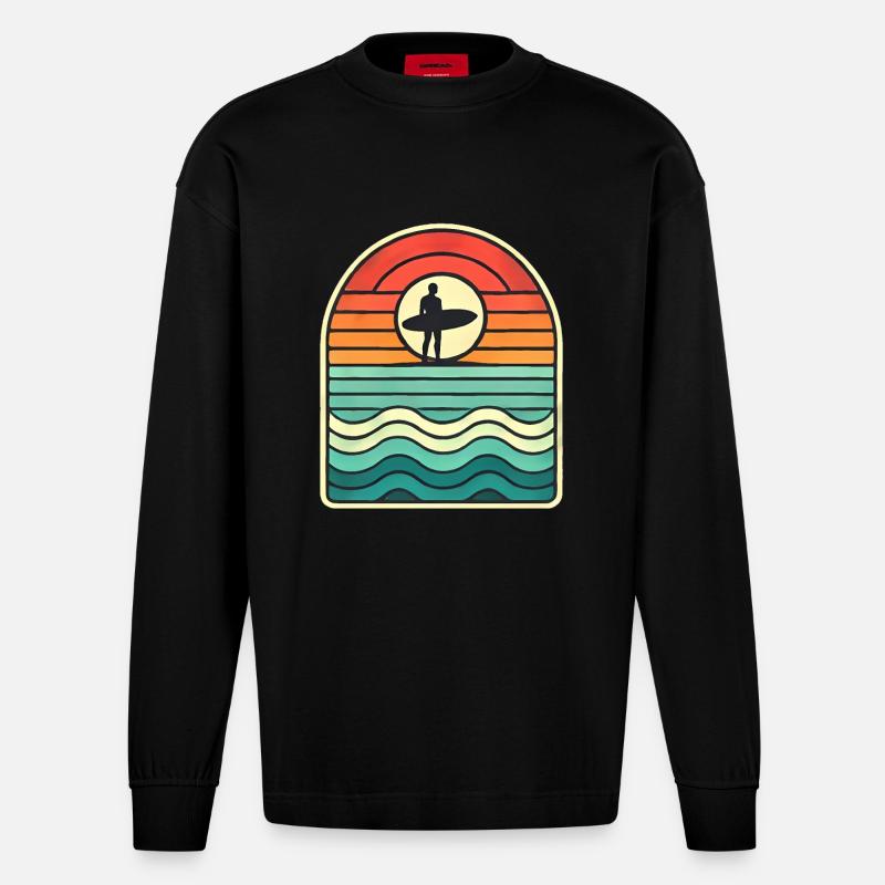 Retro Sunset Surfer Silhouette - Heavyweight Oversized Organic Langarmshirt Made in EU - SOLID BLACK