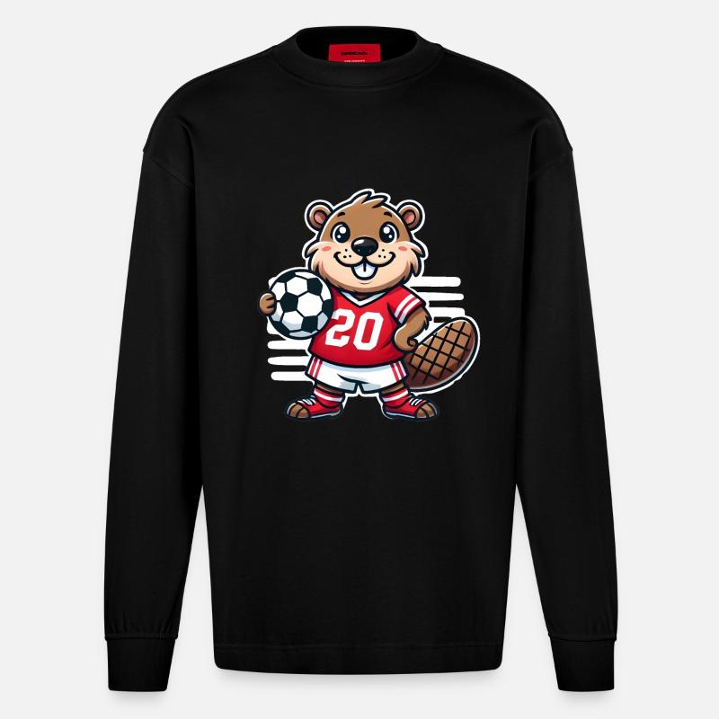 Fröhlicher Biber Fußball Maskottchen Design - Heavyweight Oversized Organic Langarmshirt Made in EU - SOLID BLACK