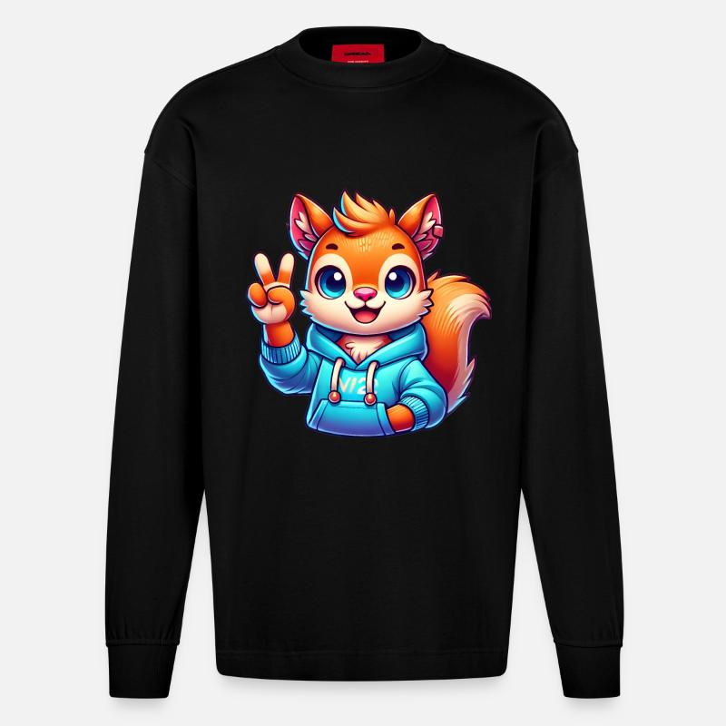 Friedliches Cartoon-Eichhörnchen im Kapuzenpullover - Heavyweight Oversized Organic Langarmshirt Made in EU - SOLID BLACK