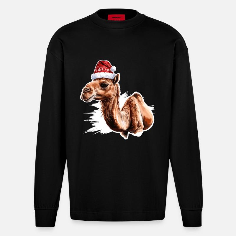 Kamel mit Weihnachtsmütze - Heavyweight Oversized Organic Langarmshirt Made in EU - SOLID BLACK