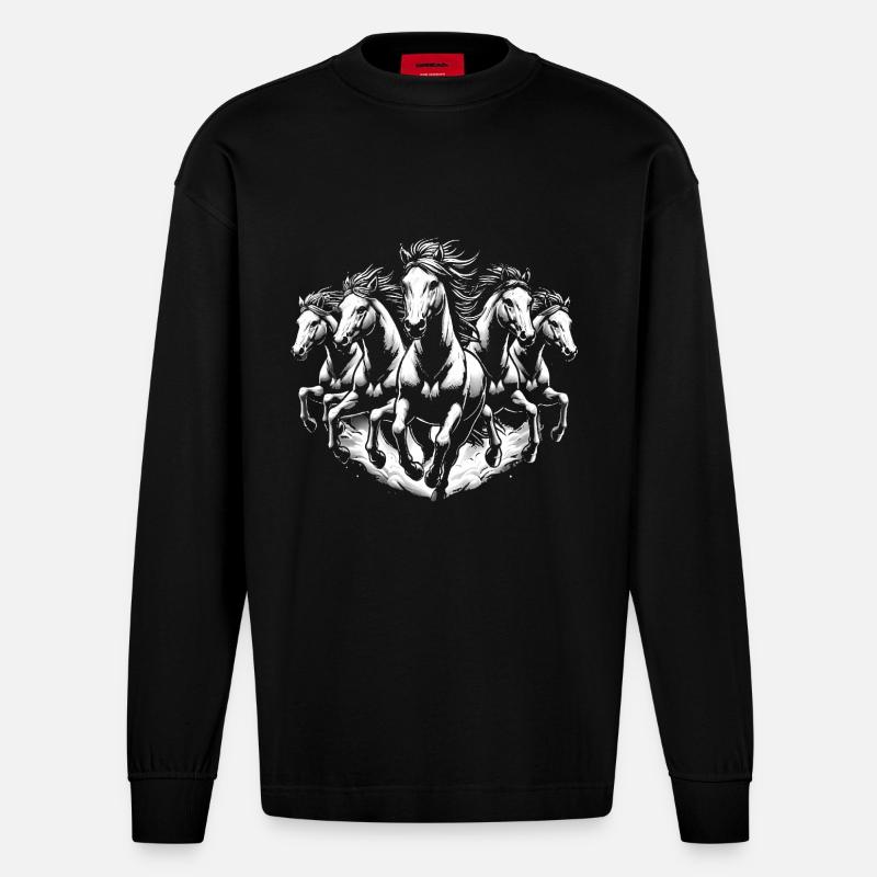 Laufpferde Dynamisches Schwarz-Weiß-Design - Heavyweight Oversized Organic Langarmshirt Made in EU - SOLID BLACK