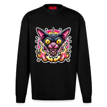 Fierce Sphynx Cat Valentine Flames - Heavyweight Oversized Organic Longsleeve Shirt Made in EU - SOLID BLACK - Front
