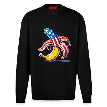 Patriotic Banana PopArt Design - Heavyweight Oversized Organic Longsleeve Shirt Made in EU - SOLID BLACK - Front