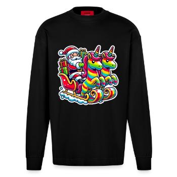 Funny Santa Unicorns Christmas Art - Heavyweight Oversized Organic Longsleeve Shirt Made in EU - SOLID BLACK - Front