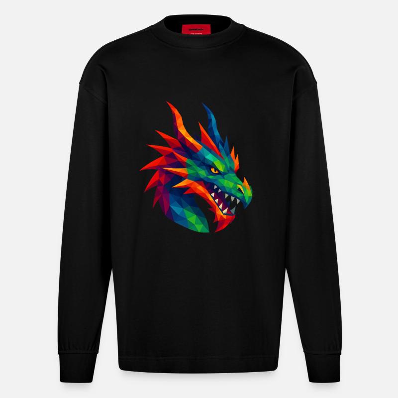 Animaux de style WPAP - Dragon - Manches longues bio épais oversize fabriqué en UE - SOLID BLACK