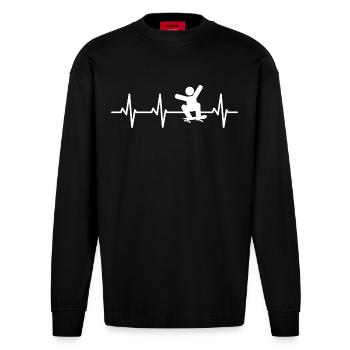 Skateboarder Stick Figure Cardiogramme - Manches longues bio épais oversize fabriqué en UE - SOLID BLACK - Devant