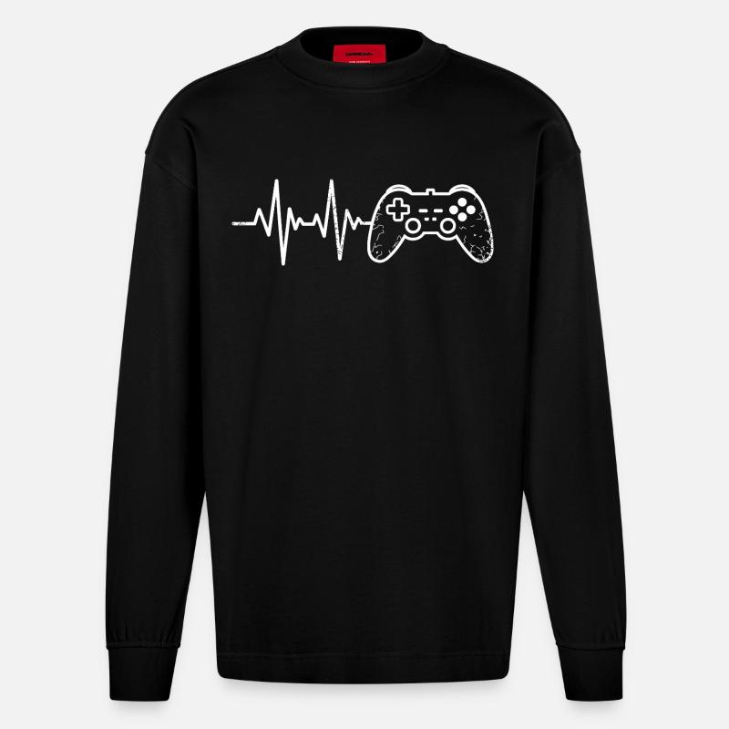 Gaming Pulse Controller Sketch - Heavyweight Oversized Organic Longsleeve Shirt Made in EU - SOLID BLACK